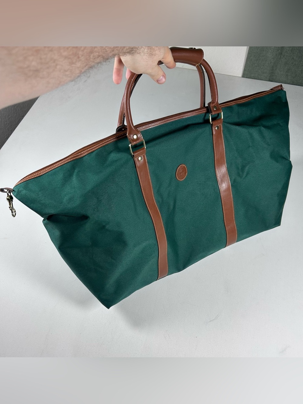 Polo Ralph Lauren Green Canvas Very Big Duffel Travel Bag Pony Brown Trim